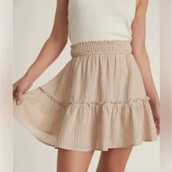 NWT Marine Layer Sz S Smocked Mini Skirt Multi Stripe Pull On Lyocell Linen - Picture 1 of 9